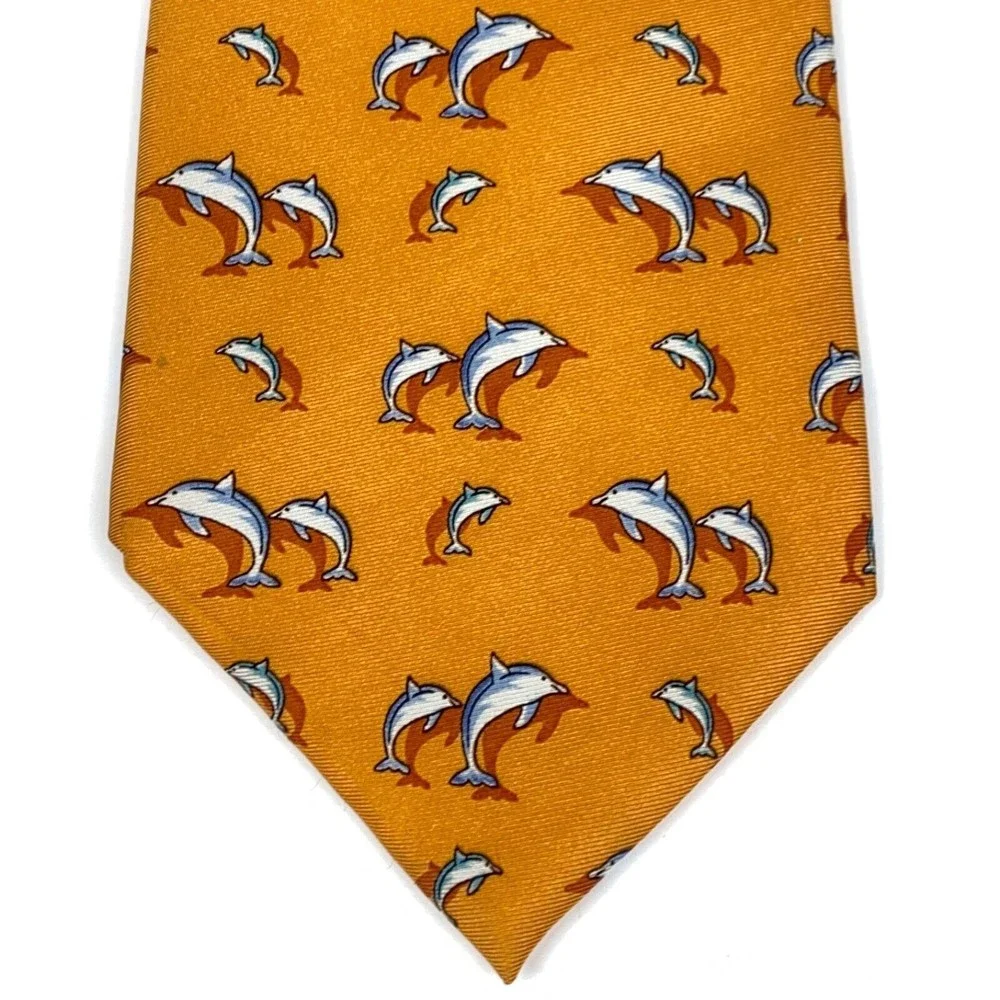 TANGO Tie Orange All Silk Marine Animal Dolphins Men's Necktie Made in Korea 58